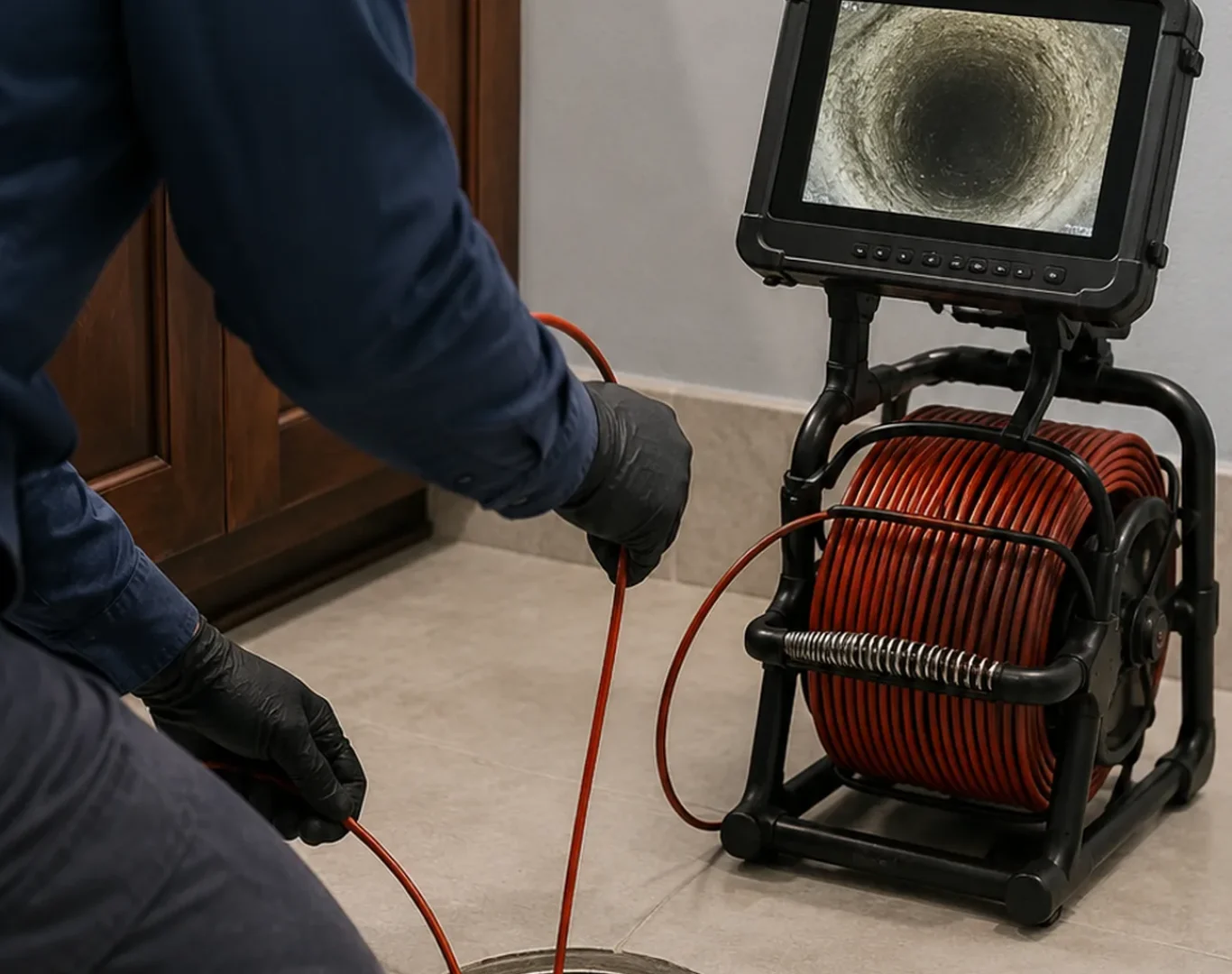 Technician performing drain cleaning beneath a Burlington - NC kitchen sink with cable equipment