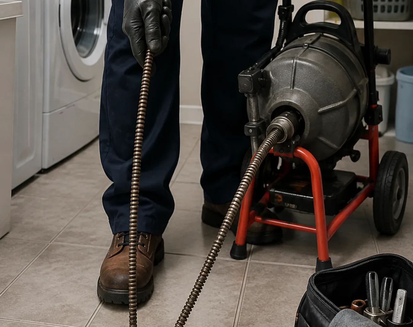 Technician performing drain cleaning in a Winston-Salem - NC utility room during an active backup