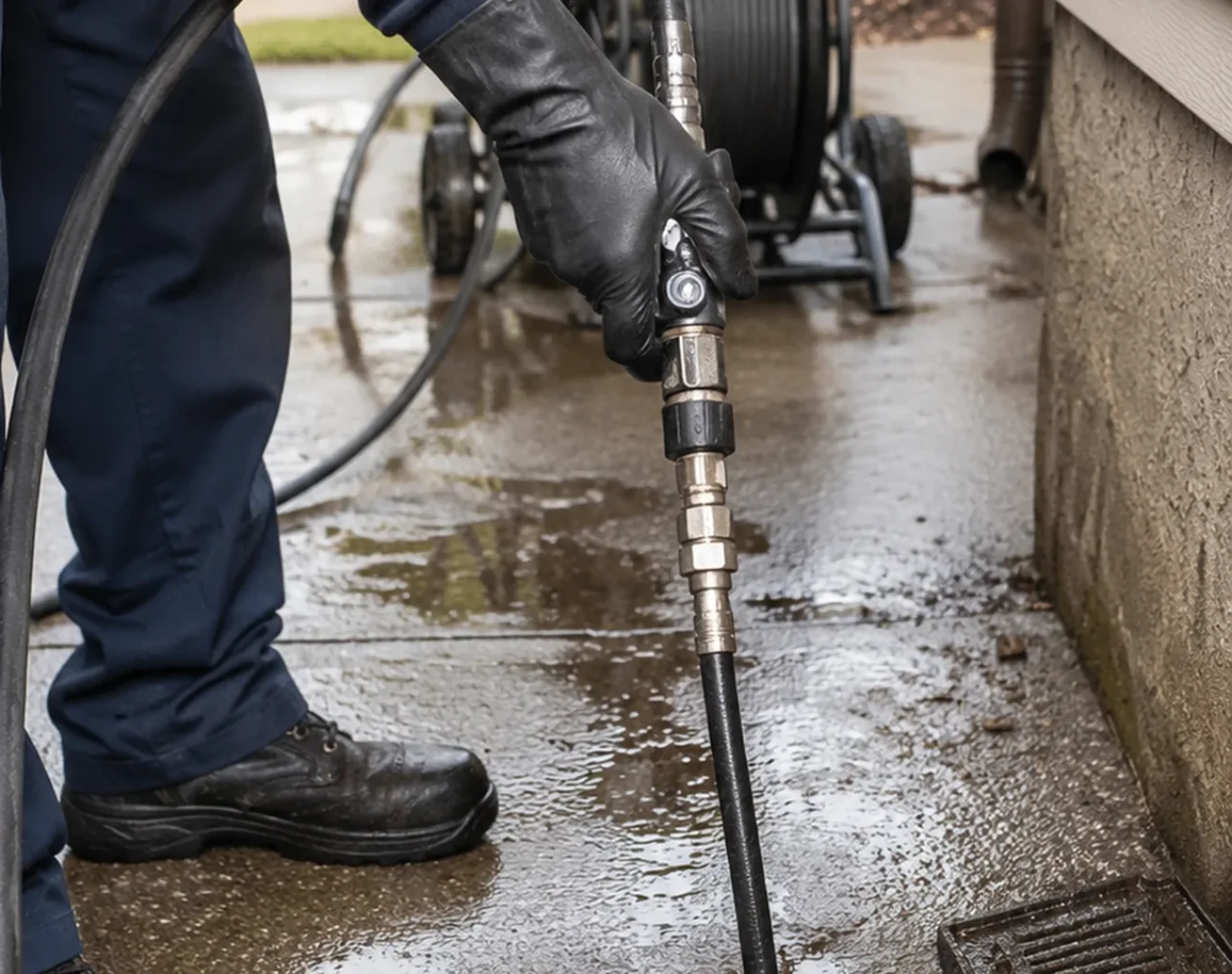Technician performing drain cleaning under a sink in a Summerfield - NC home utility area