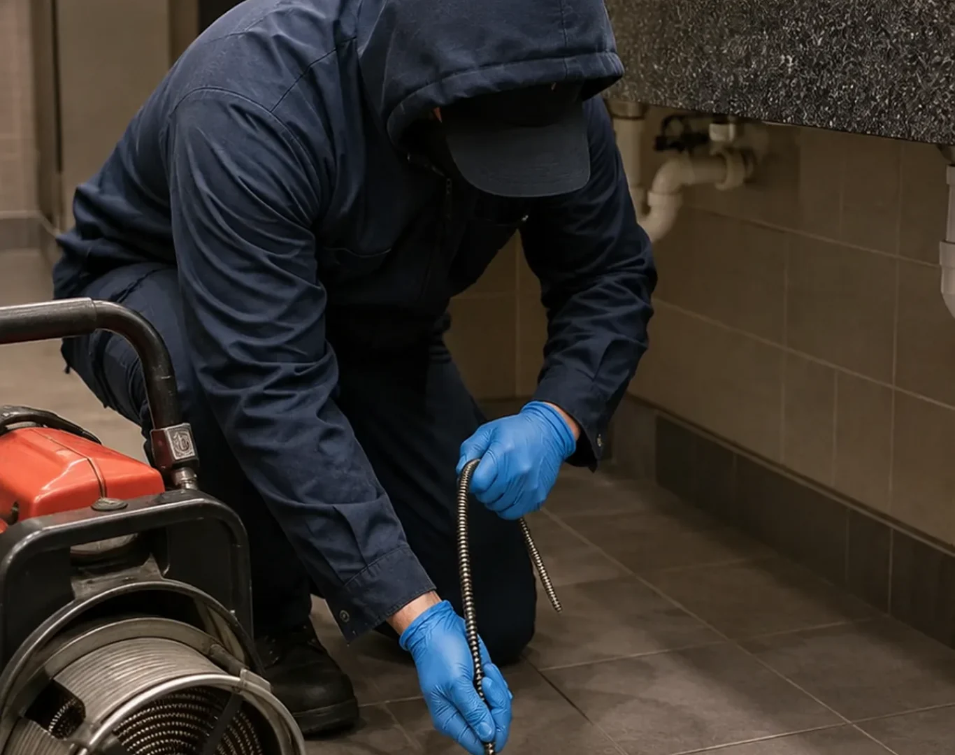 Drain Cleaning in Summerfield - NC as a plumber clears a bathroom drain beside a vanity