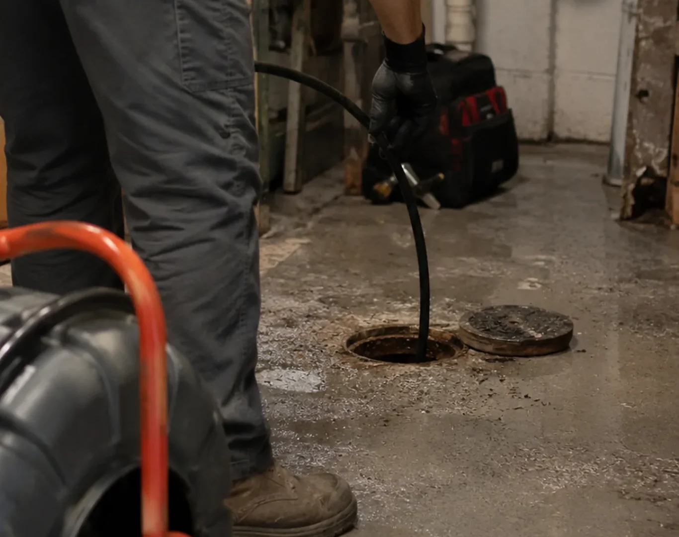 Plumber performing drain cleaning in a High Point - NC basement using a cable machine